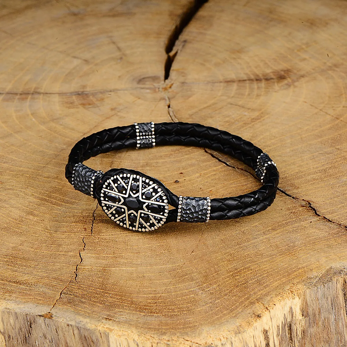 Man Silver Handmade Bracelet , Silver Genuine Leather Bracelet , Ottoman Motif Bracelet , Black Stone Bracelet , 925k  Silver