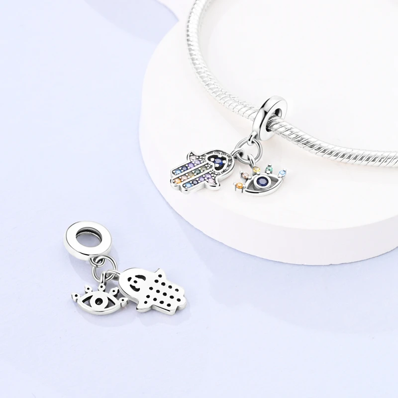 Charms Silver 925 Colored Zircon Guardian Eyes Palm Pendants Fit Charms Plata 925 Original Bracelet Beads Women Jewellery Making