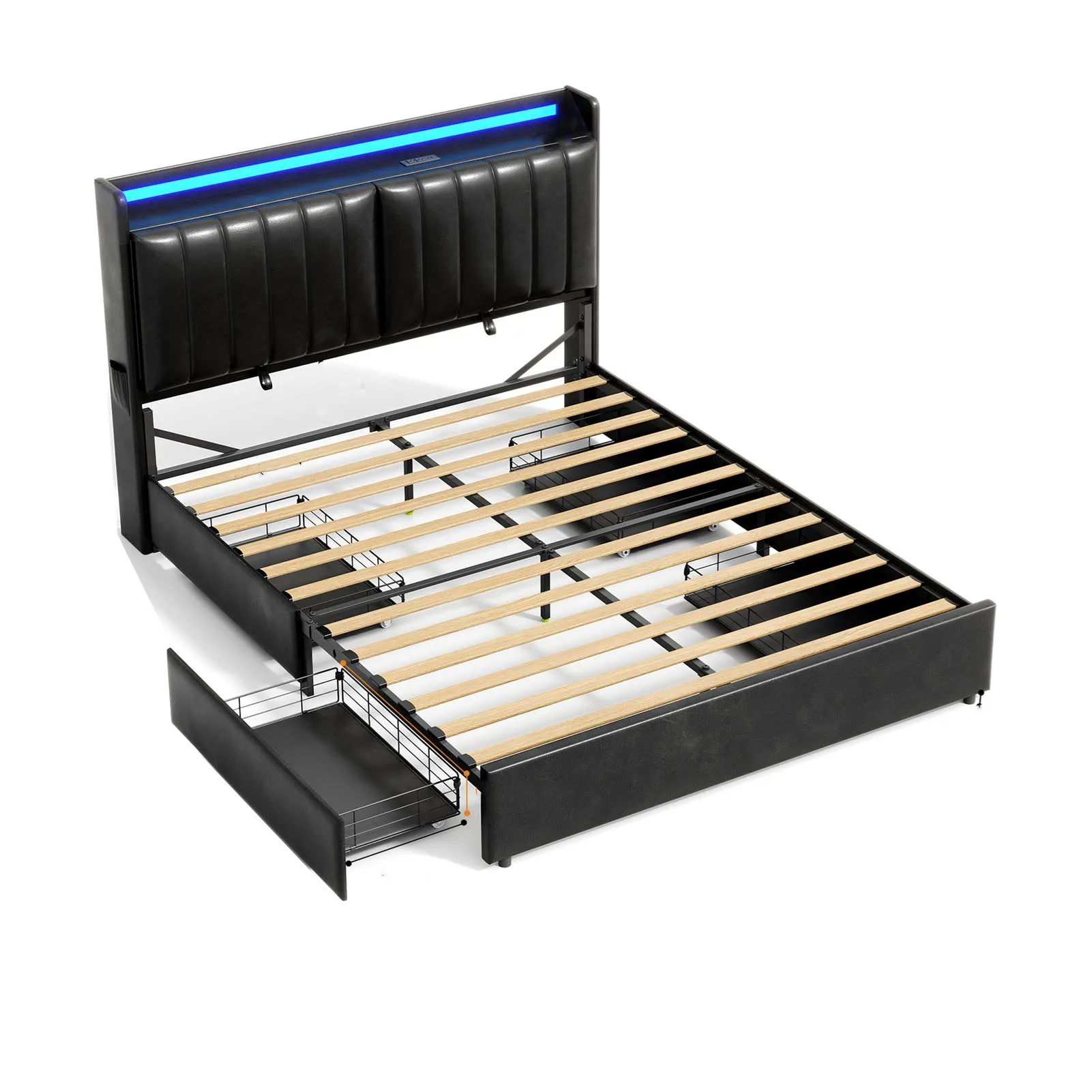 سرير تخزين منجد بالحجم الكامل مع محطة شحن وأضواء LED ومسند ظهر قابل للتعديل لتزيين غرفة النوم