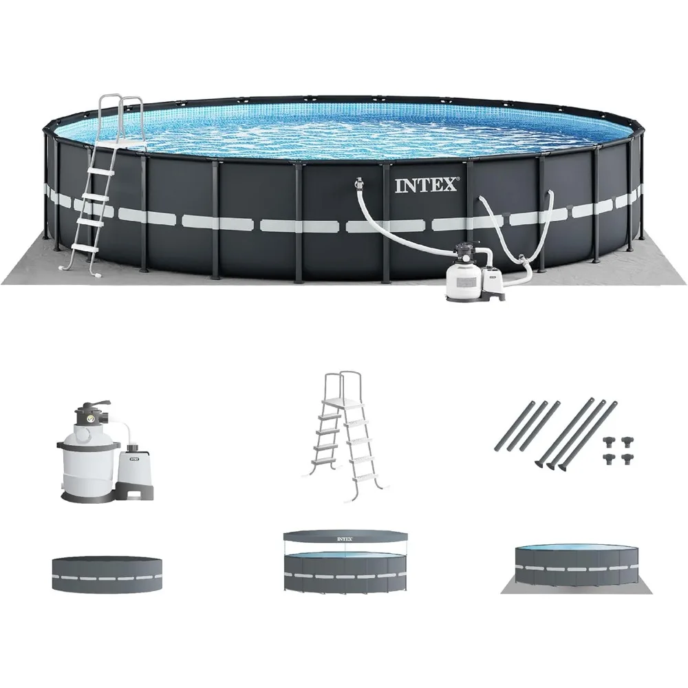 

ound Above Ground Outdoor Swimming Pool Set with Sand Filter Pump, Ground Cloth, Ladder, and Pool Cover