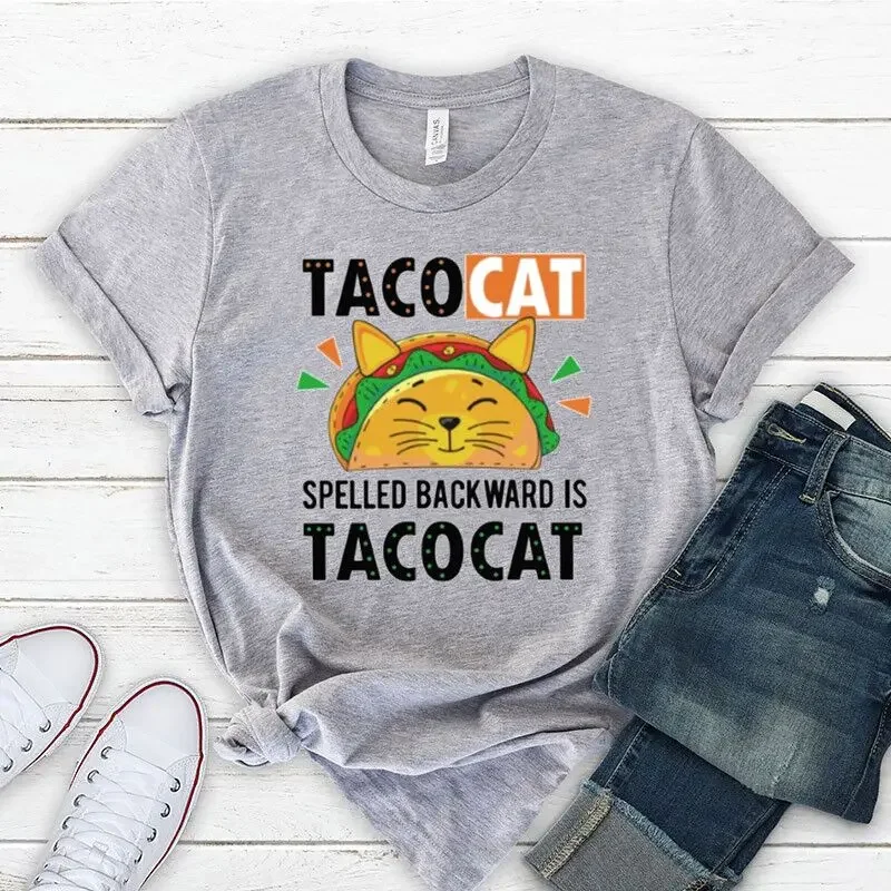 

Spelled Bacward Is Tacocat T-Shirt Funny Cat mom Shirt Cat Lover Gift Cotton Animal Casual Short Sleeve Colorful Top Tees