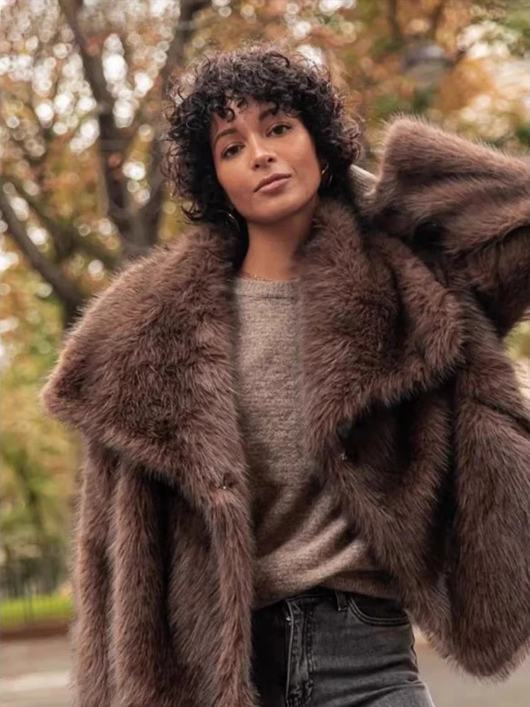 

Women's Brown Long Sleeved Buttons Faux Fur Coat Winter Thick Warm Fury Turn-down Jacket Female High Street Outerwear
