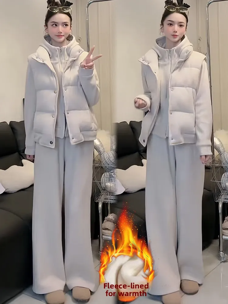 Thiened Fce Vest Sweatirt Wide Leg Pants Tee Piece Set Women's Faion Spor Casual Warm High Waist Winter Outfit
