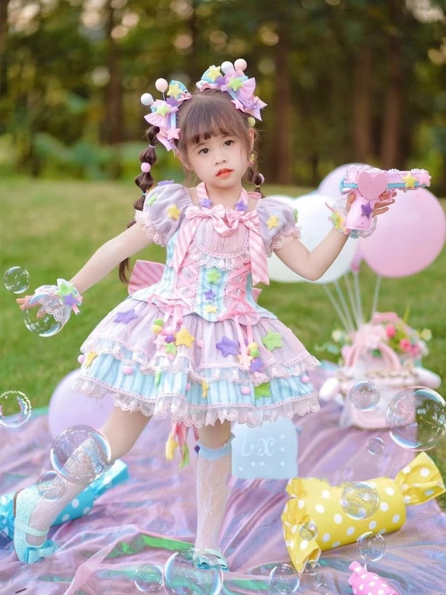 Summer Backless Lolita Ball Gown Dress Girls Kids Princess Stripe Birthday Party Childrens Clothing Bow Performance Multicolor