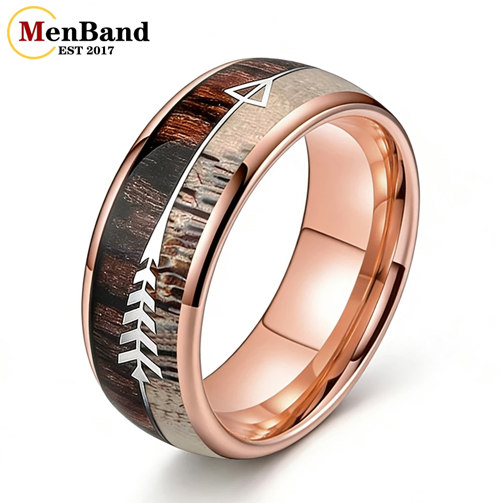 MenBand 6/8MM Koa Zebra Wood Antler Steel Arrows Inlay Tungsten Band Rings for Men Women Wedding Engagement Jewelry Comfort Fit