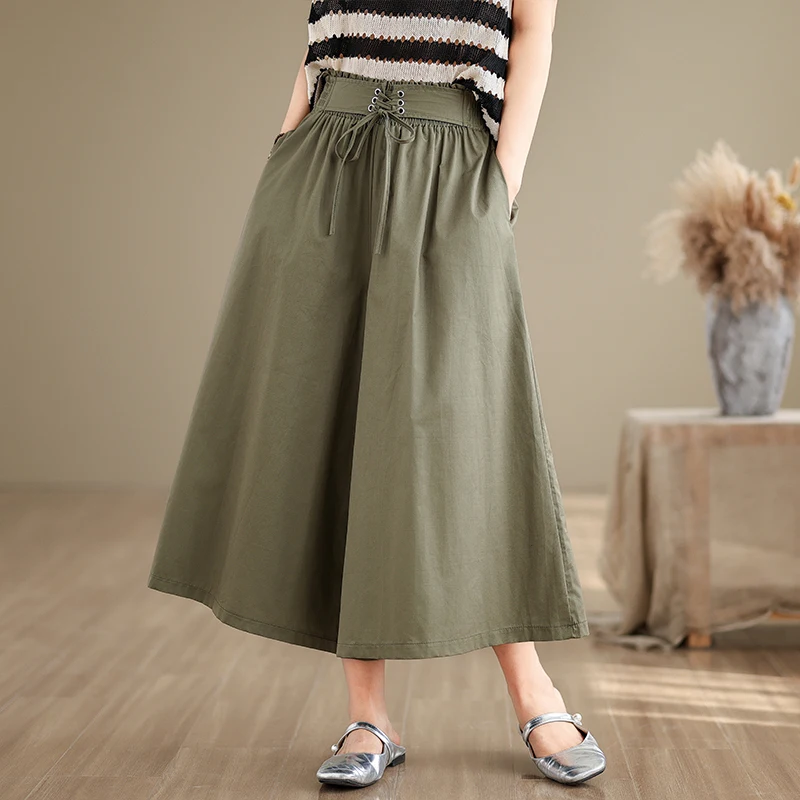 

Calf-Length Pants New High Waist Vintage Women Casual Wide Leg Pants Cotton Loose Office Lady Work Pants Culotte Oversize