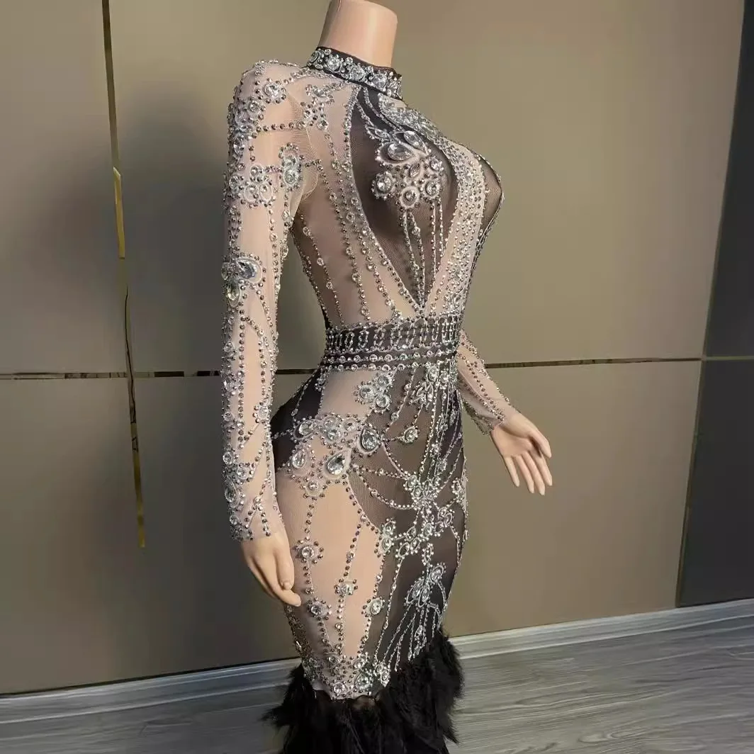 أداء زي مثير منظور حجر الراين بأكمام طويلة ريشة خياطة فستان حفلة طويلة المرحلة Abito الفاخرة Elegante Gala