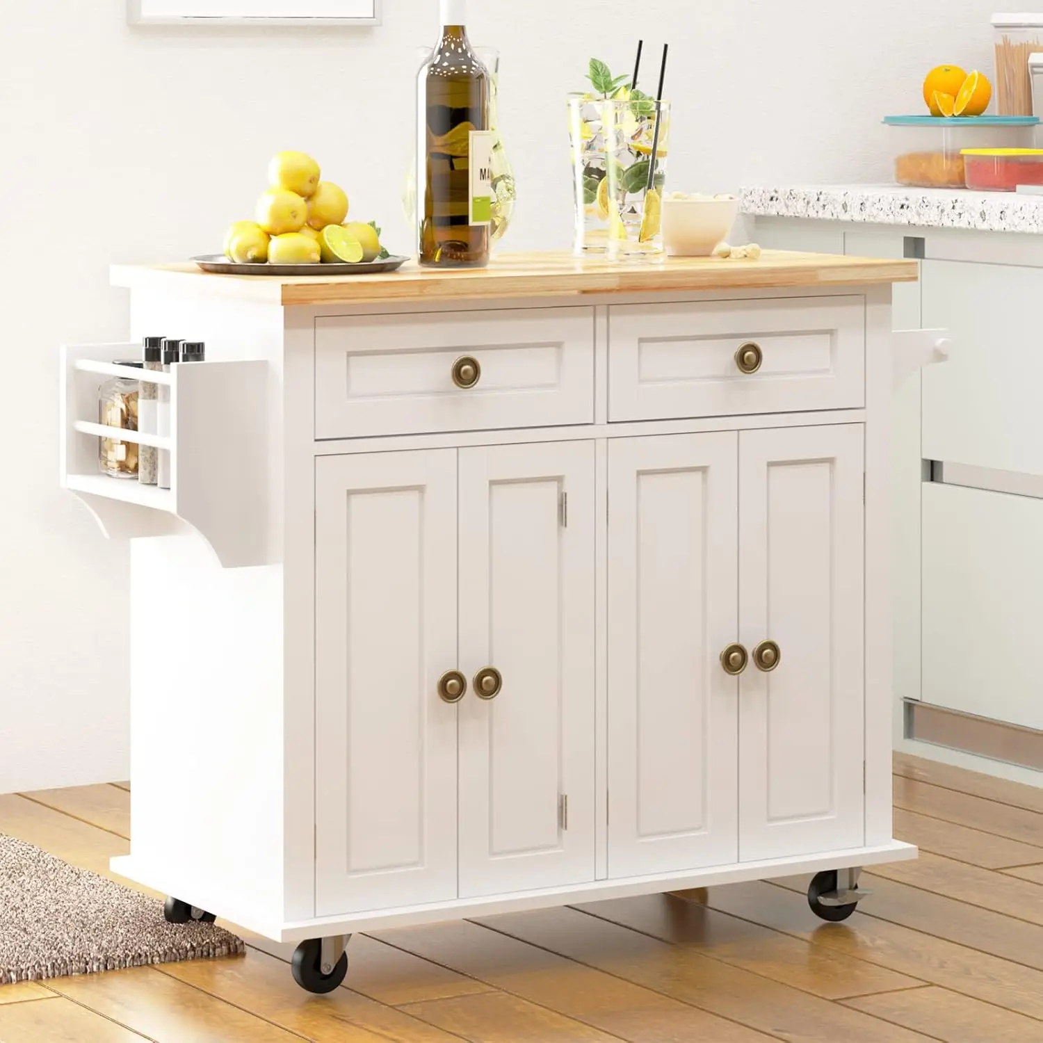 Rolling Kitchen Island Cart w/ Storage, Wood Trolley Cart w/Spice & Towel Rack, Mobile Kitchen Cabinet Island Table on Wheels