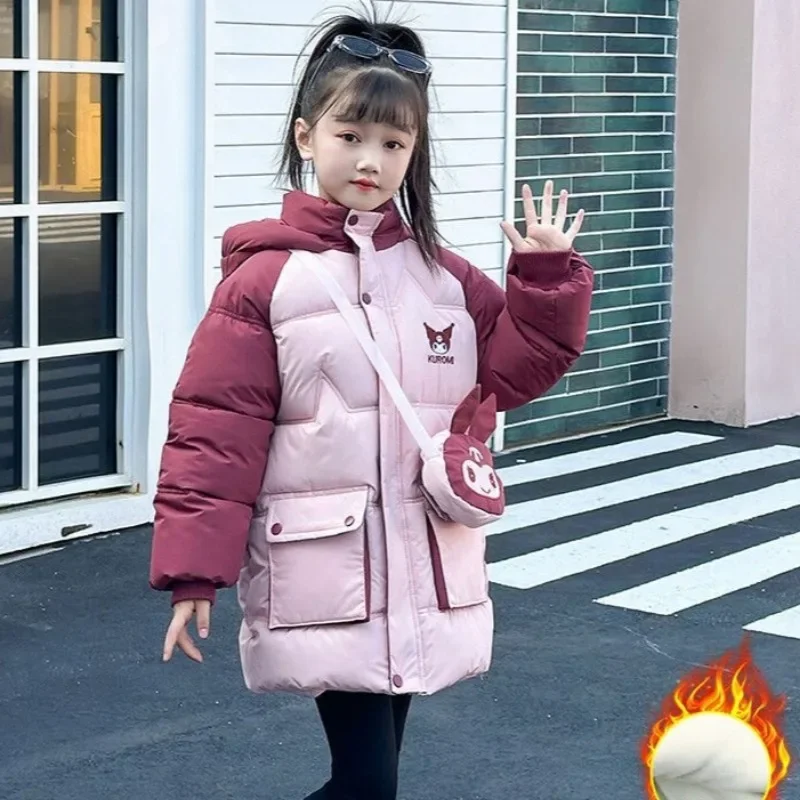 Sanrio Kuromi down Jacket for Girls 2024 Winter Teenagers Cotton Padded Warm Coat with Bag Kids Hooded Windproof Thicken Outwear