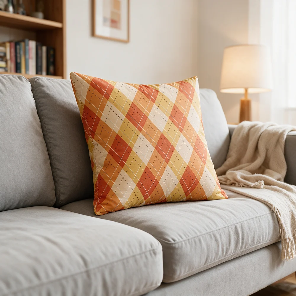 1PC Orange Argyle Plaid Print Pillow Cover Retro Preppy Diamond Pattern Decorative Throw Pillow Sofa Couch Bedroom Home Decor