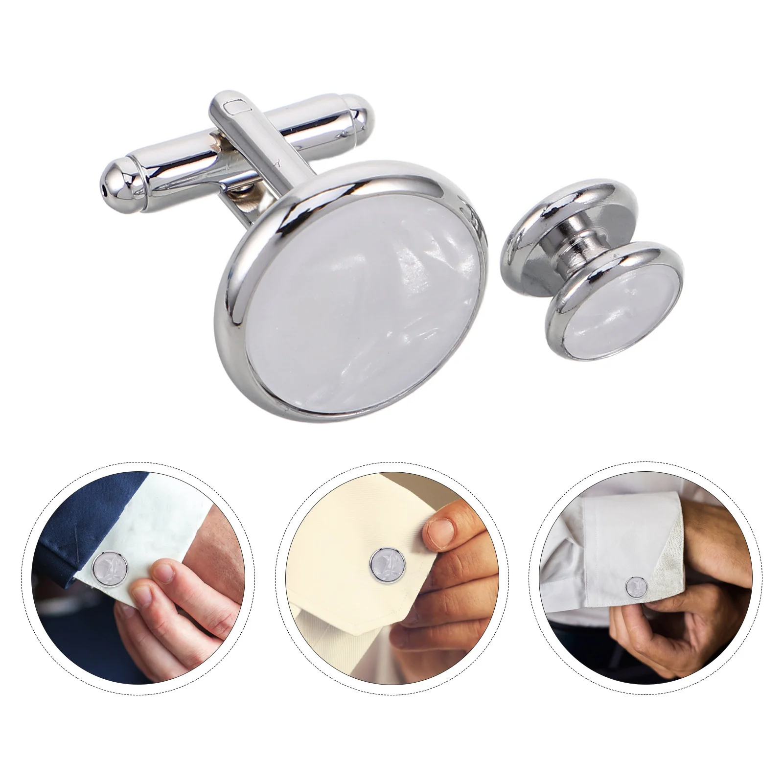 

1 Set Men'S Cuff Links Shirt Studs Round Enamel Shell French Style Dress Shirt Accessories For Formal Business Wear Groom Tuxedo