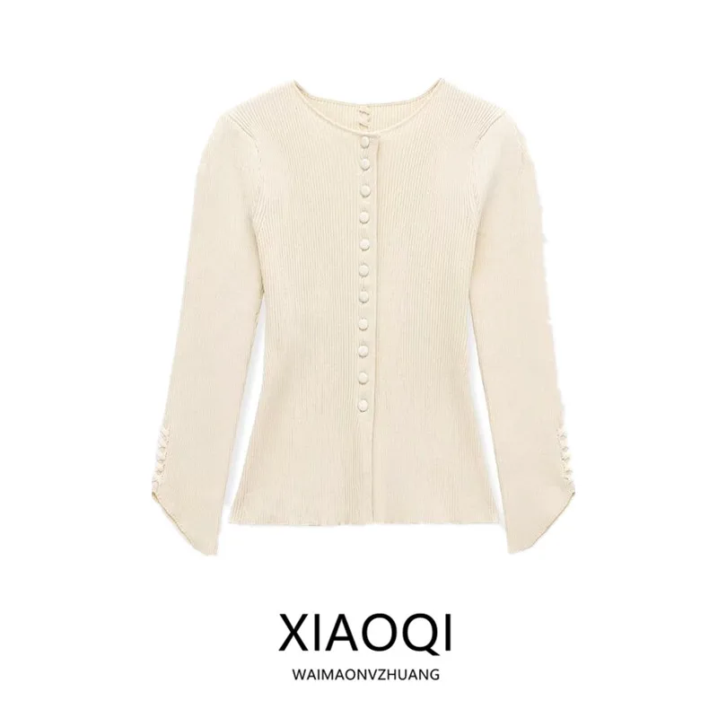 Spring Summer 2026 New round Neck Bubble Long Sleeve Knitted Jacket Women's Fashion Versatile Outerwear Simple Casual Style