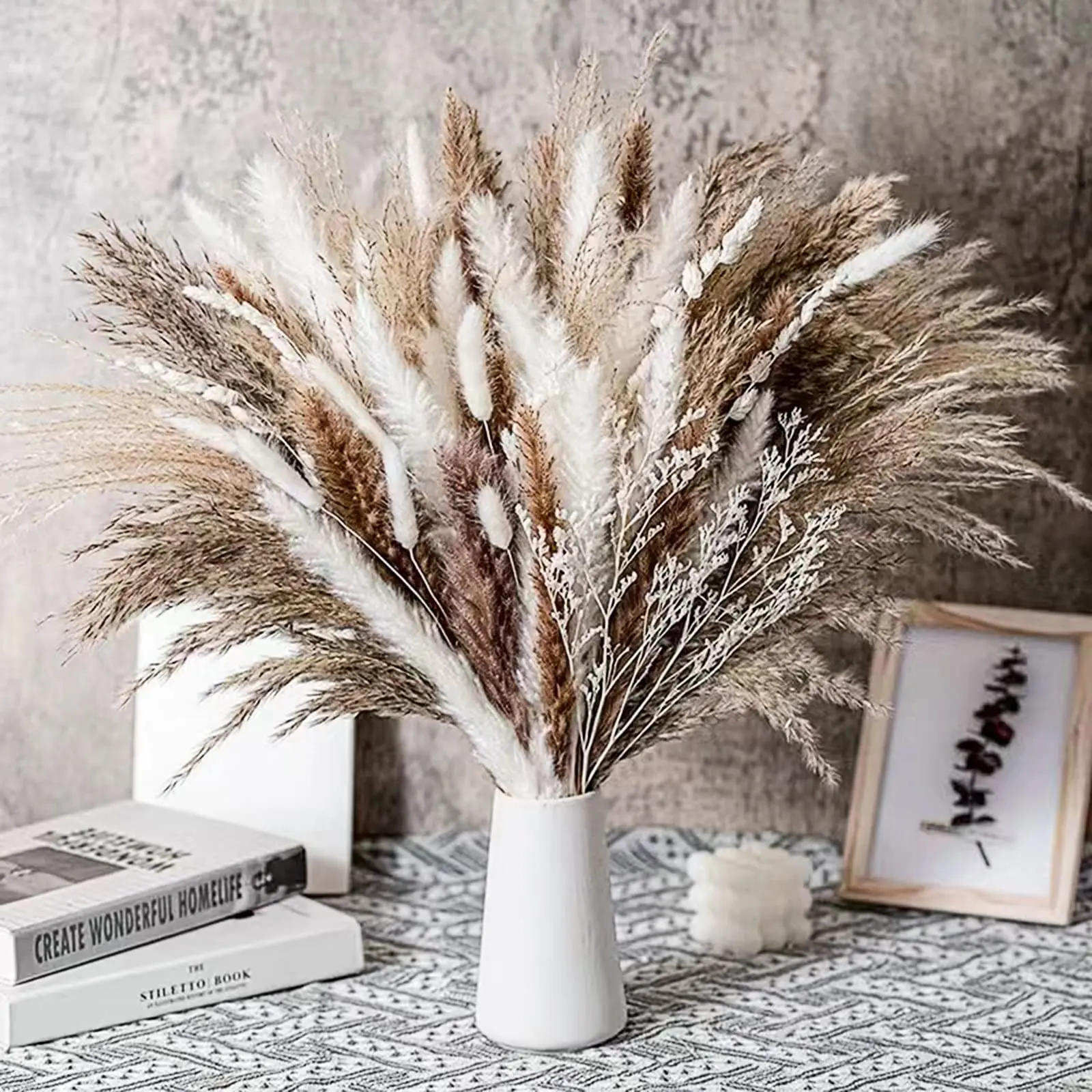 

Dried Pampas Grass Artificial Pompous Grass Bouquets Fake Plant Floor Vase Filler for Flower Arrangement Home Kitchen Boho Decor