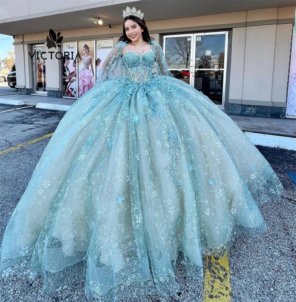 Amazing Butterfly Lace Apppliques Quinceanera Dresses With Cape Ball Gown Sweet Sixteen Dress Wedding Gowns vestido Customized