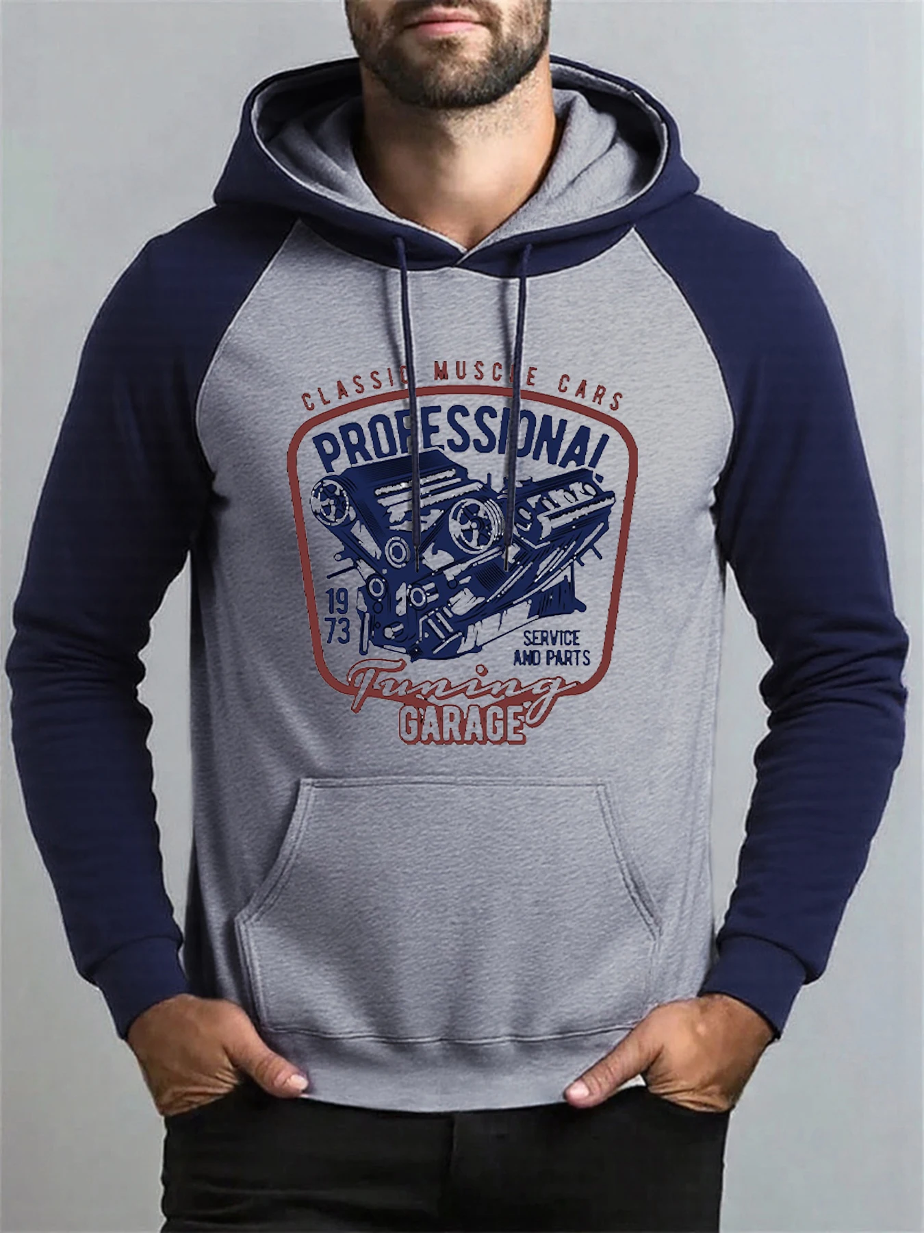 

Professional Racing Engine Print Raglan Hoodies Mens Autumn Casual Streetwear Pocket Hip Hop Pullover Fleece Loose Hoody