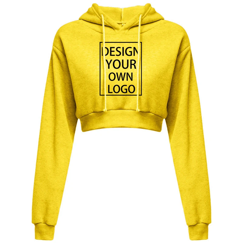 Customized Women Crop Top Hoodie Casual Long Sleeve Hooded Short Sweatshirt Sexy Printed Crop Sweaters 10 Colors