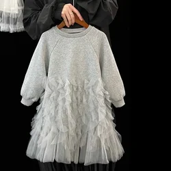 Fashion Flower Girl Dresses Cotton Grey Long Sleeve Patchwork Lace Dress Autumn Children Princess Clothes Toddler Baby Dress