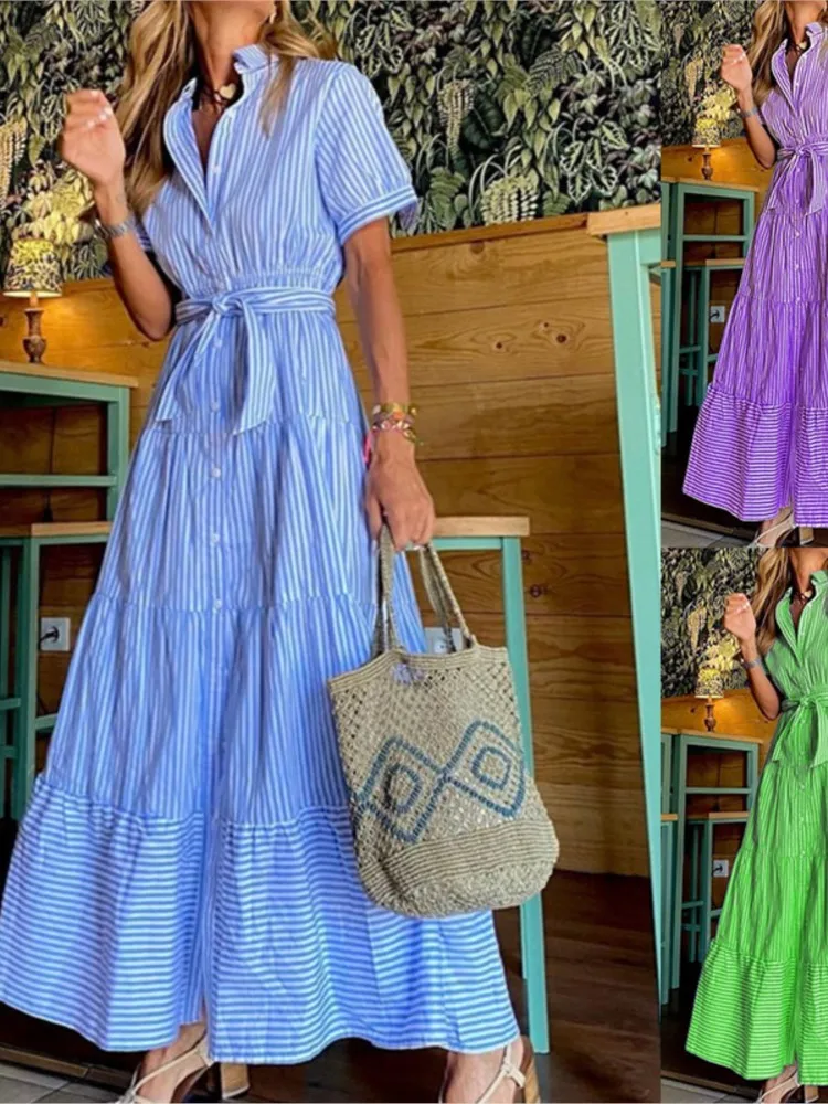 2024 Autumn Women\'s New Fashion Stripe Printed Short Sleeve Loose Waist Strap Long Collar Ankle Single Breasted Dress