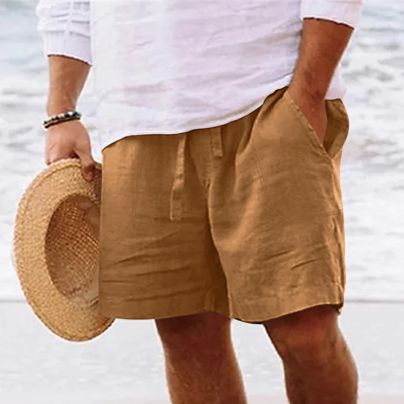 Men\'s summer cotton and linen shorts with drawstring elastic waist, straight legs, solid color, breathable daily beach capris