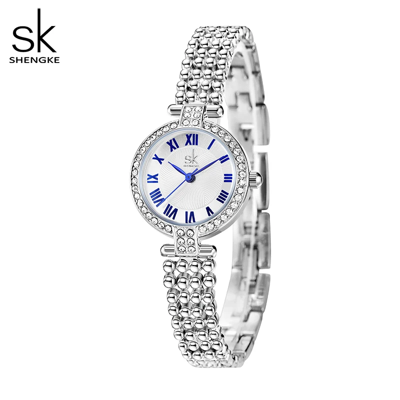 Shengke-Reloj de pulsera de cuarzo para Mujer, cronógrafo de moda, resistente al agua, plateado, automático, con fecha