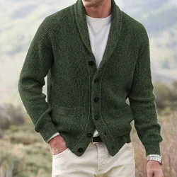 Suéter clásico de Color sólido para hombre, Chaqueta de punto con solapa y botones, abrigo delgado y cálido para Otoño e Invierno