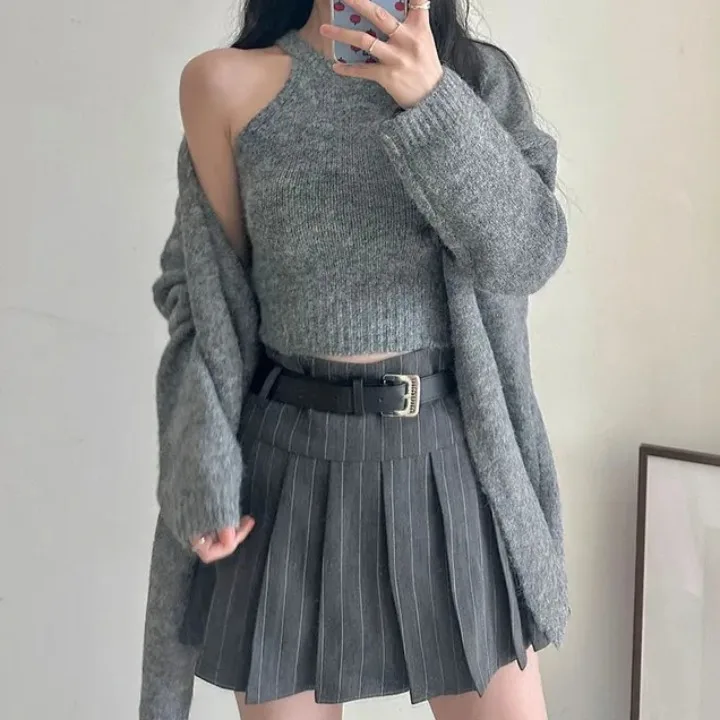 

Корейский шикарный вязаный жилет-топ, свободный мягкий уютный свитер, комплект из двух предметов, осенне-зимняя новинка, модный повседневный стиль