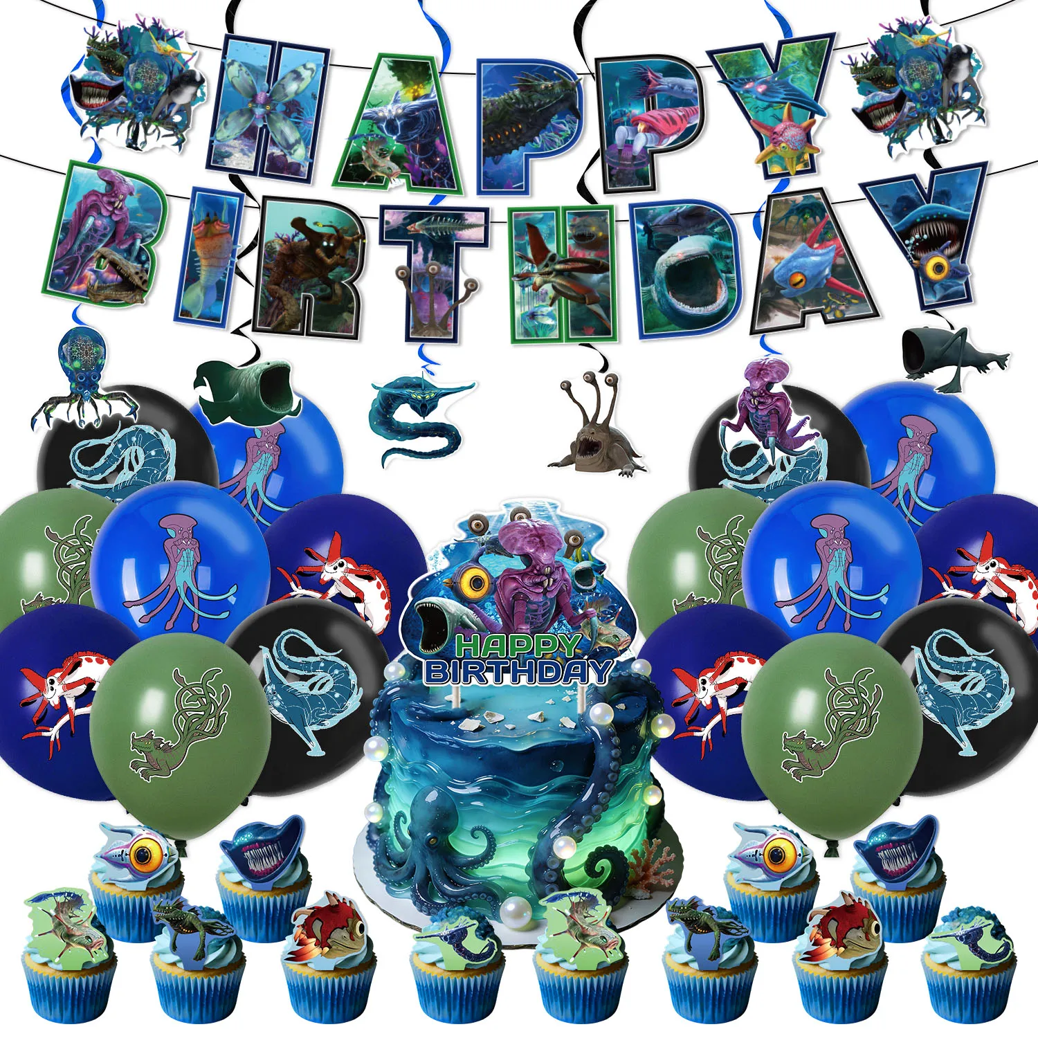 Bloop Sea Monster Birthday Party Decorations Set – Subnautica Sea Easter Themed Party Supplies with Banner, Balloon, Cake Topper