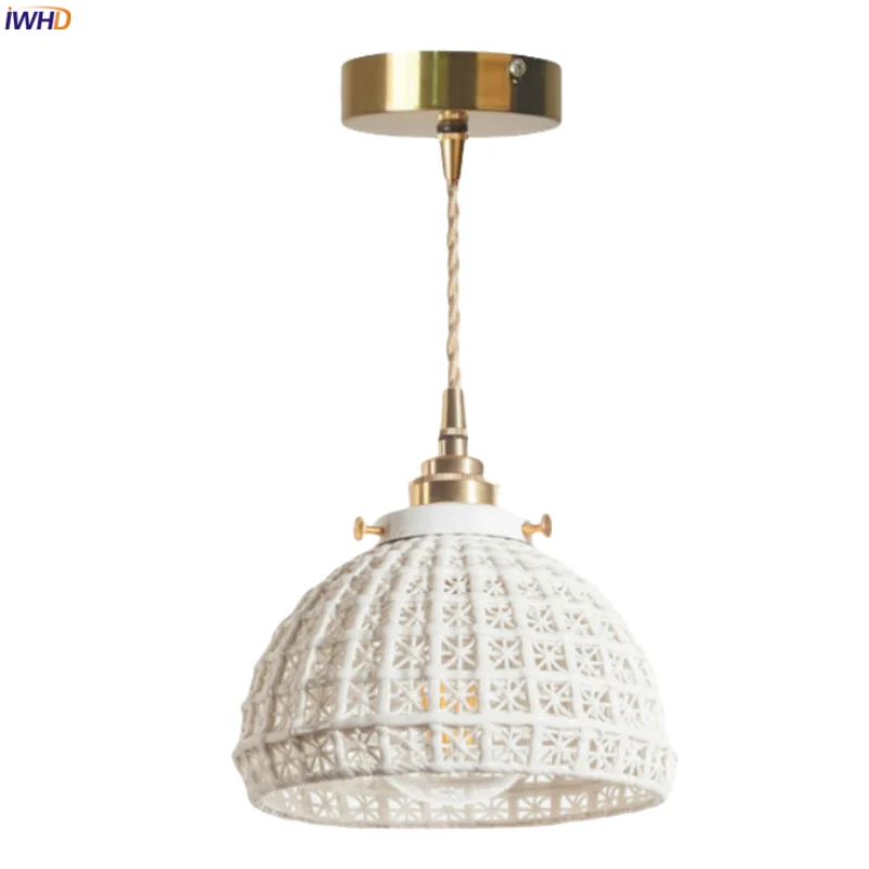 

IWHD French Minimalism Ceramic LED Pendant Light Loft Cafe Bar Bedside Living Room Kitchen Home Decor Copper Hanging Lamps