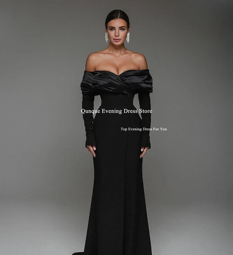 Qunque Black Mermaid Prom Dresses Off the Shoulder Long Sleeves Customized Party Dresses Leg Slit Vestidos De Fiesta Elegantes