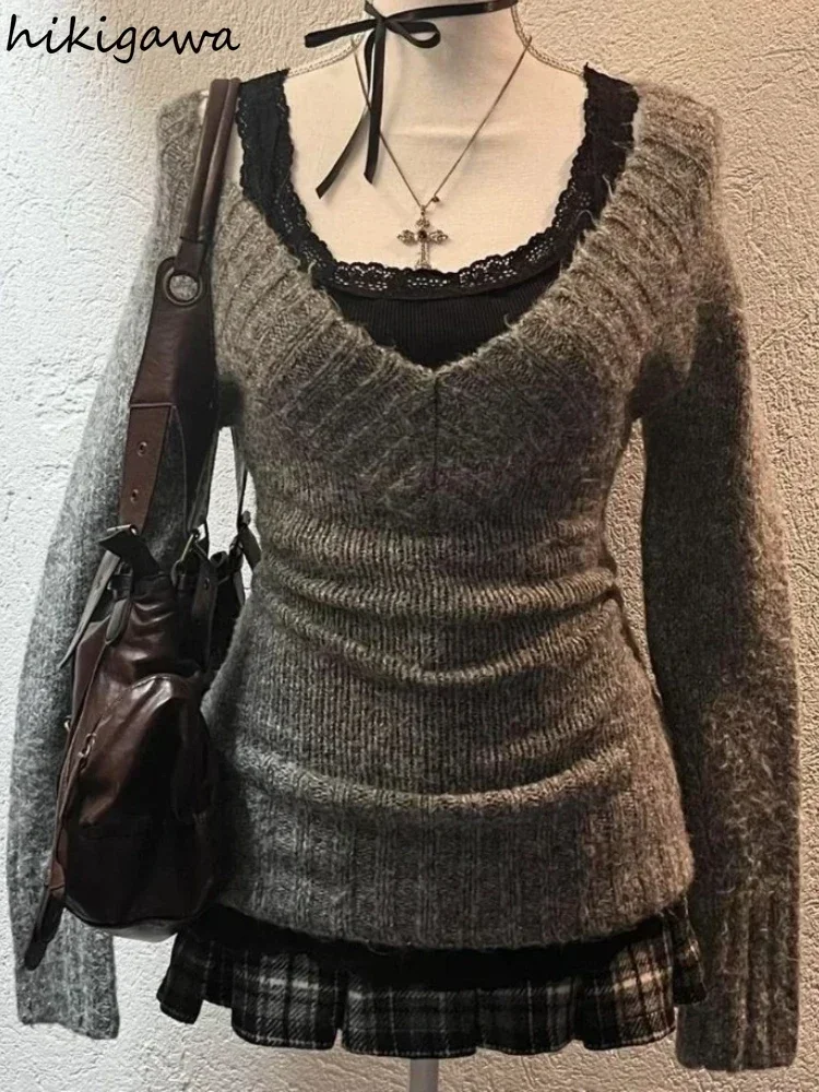 Pulôveres para mulheres outono inverno roupas sueter mujer com decote em v manga longa jumper de malha y2k camisola topos casual chique pull femme