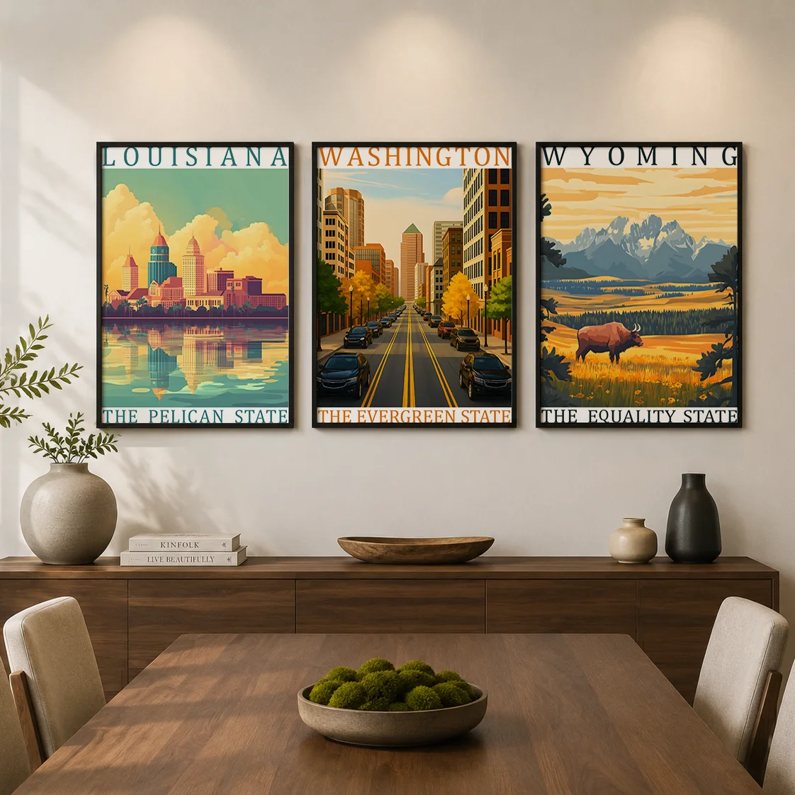 Vintage Wall Art, Retro Landscape Canvas Painting, American State Landmark Scenery Poster Prints for Cafe Living Room Home Decor