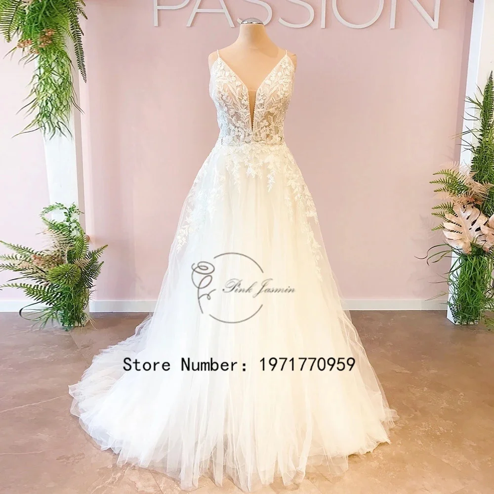 

Ivory Princess Wedding Dresses For Women Gorgeous Sweep Train Sexy Backless Applique Elegant Lace Bridal Gowns Robe De Mariée