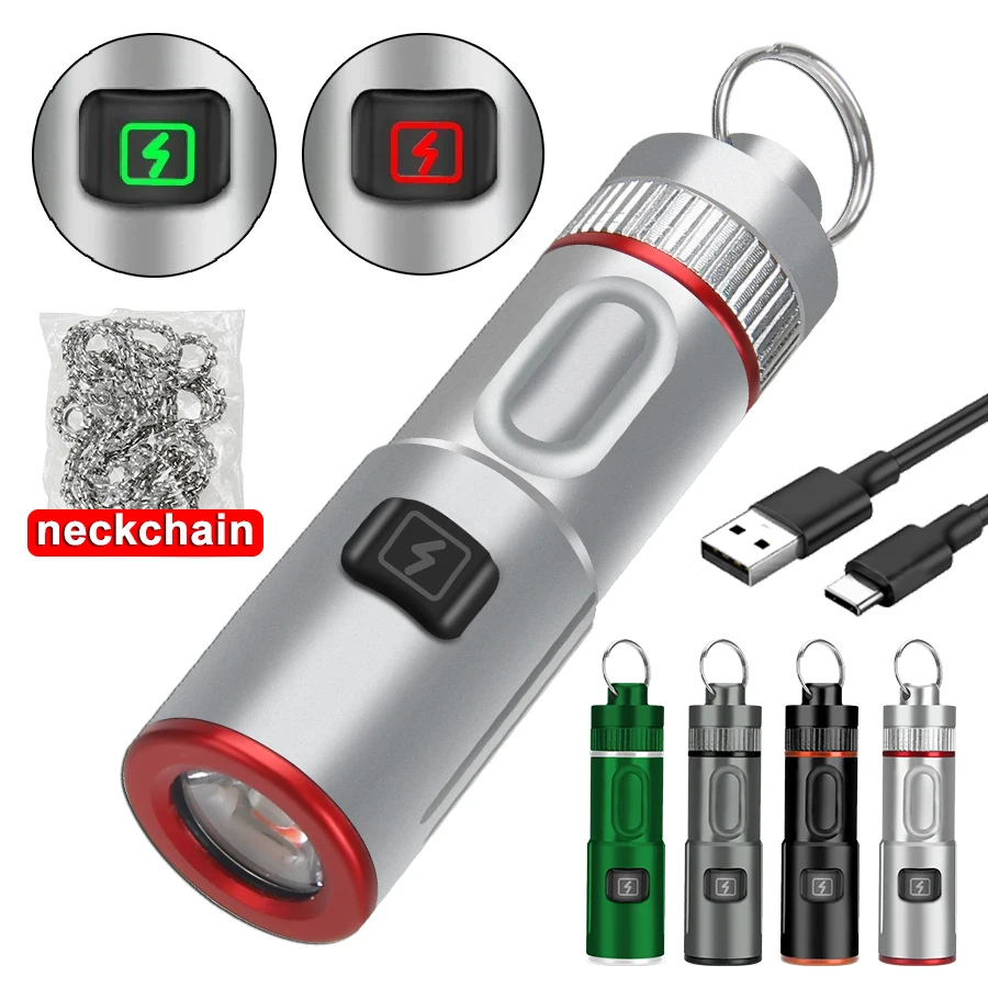 Titanium Alloy Mini LED Flashlight Type-c USB Rechargeable EDC Outdoor Tool Tactical Camping Emergency Lamp with Necklace