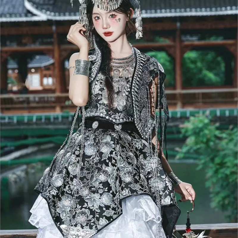 Miao clothing female exotic wind Jiang dark two color chest top long skirt