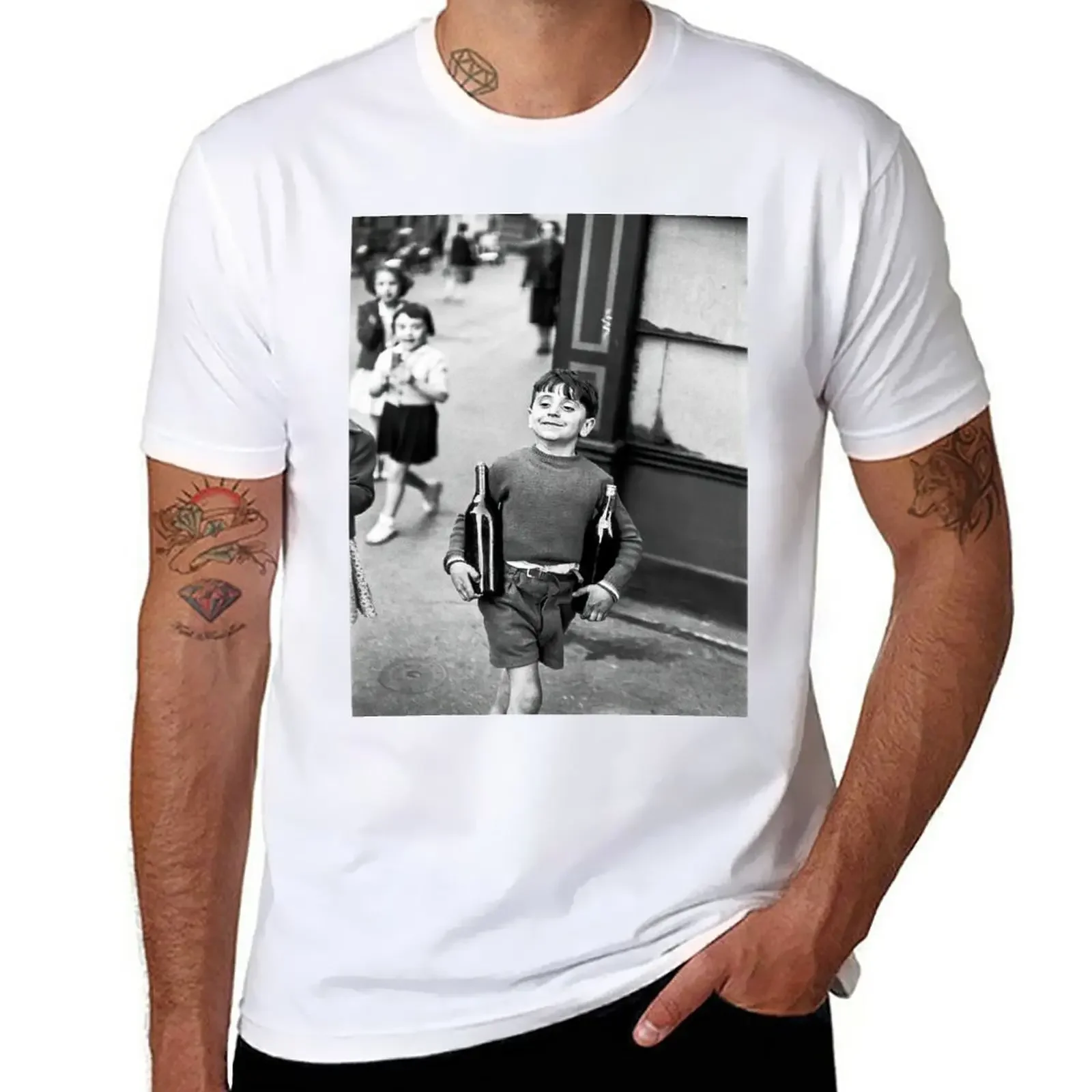 Little Boy with Bottles of Wine, Black and White Vintage Wall Art T-Shirt tops plain white t shirts men