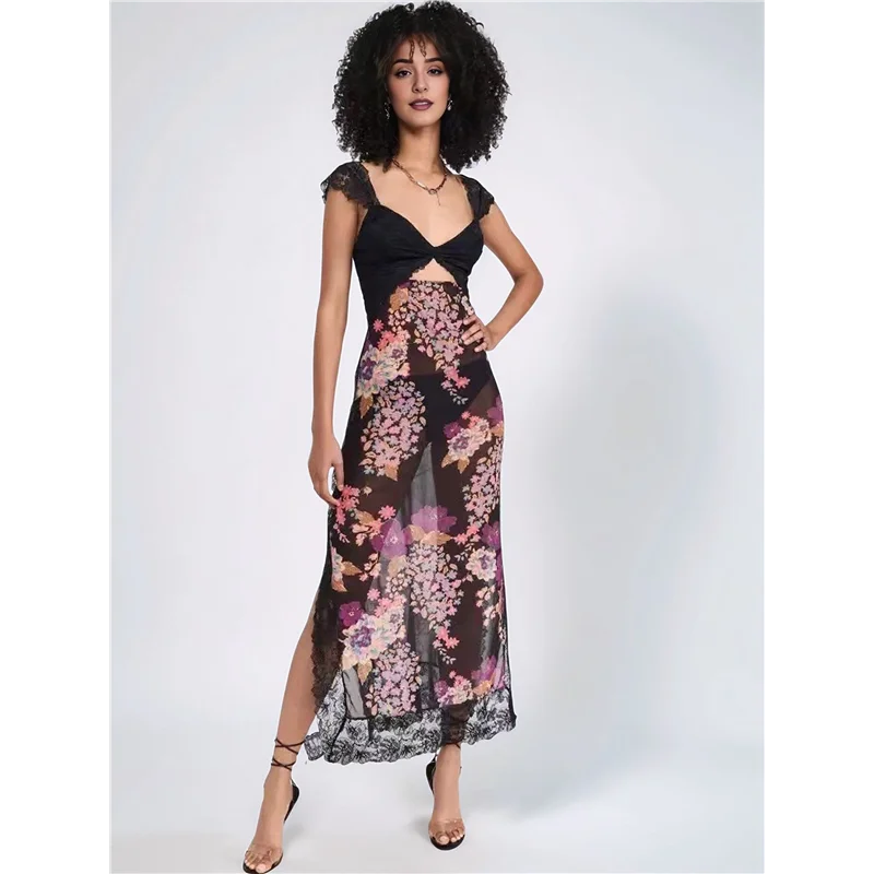 Asds-feminino renda retalhos malha maxi vestido floral impressão recorte querida pescoço sem costas fenda verão y2k vestidos longos