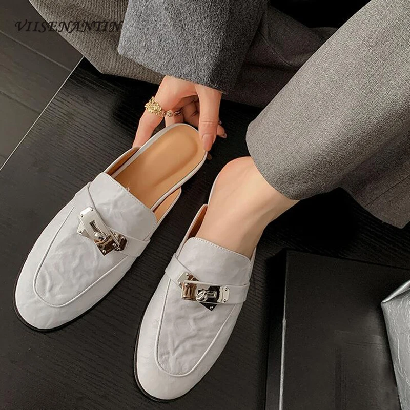 Spring Summer Outerwear Half Slippers for Women New Design Lockbuckle Genuine Leather Close Head Lazy Women Flats Mulller Shoes