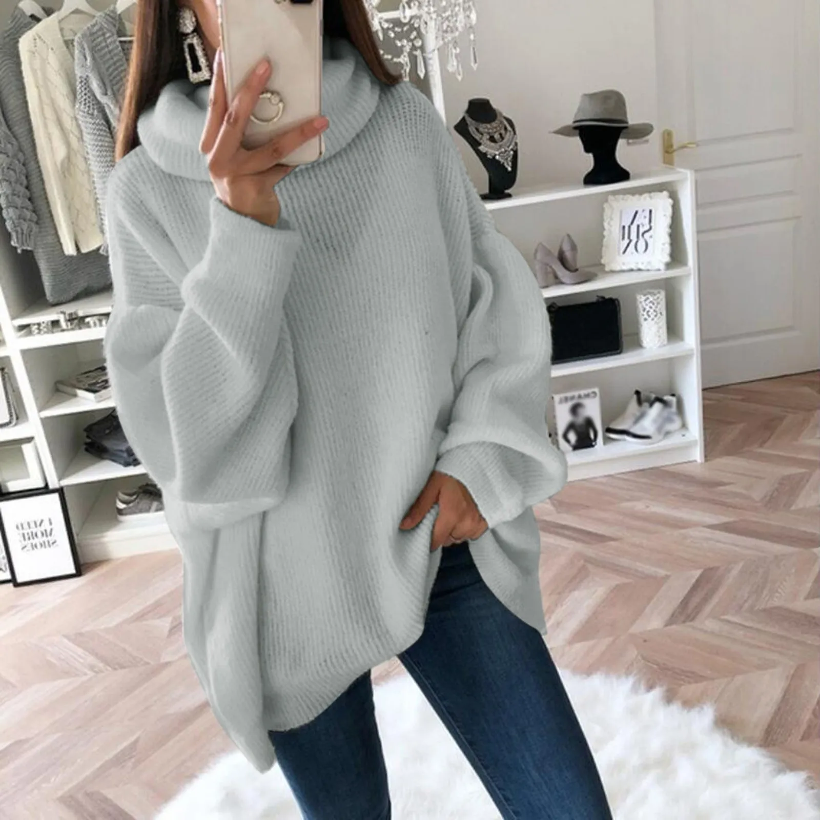 2024 Women Sweater Oversized Turtleneck Pile Collar Autumn Winter Long Sweater Loose Pullover Stretchy Knitwear suéteres свитер