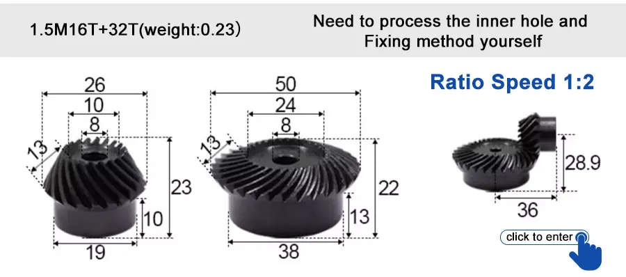 45 # Stahl-Spiralkegelradgetriebe, 2M, 15T bis 60T, Modul 1:4, 90 Grad Differentialgetriebe, gleicher Übersetzungsverhältnis, Durchmesser 8mm bis 12mm, Loch – Detail 27