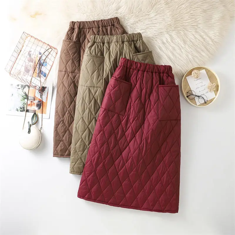 Argyle Cotton Skirt For Women In Winter Windproof Thick And Warm Mid To Long Style A-Line Casual Quilted Skirt Trendy A694