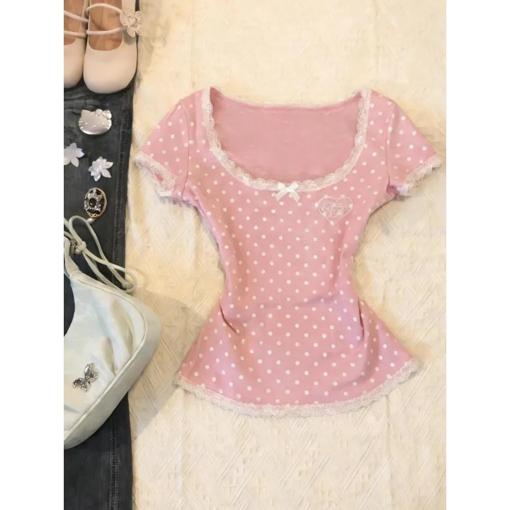

Harajuku Sweet Polka Dot T-Shirt Women's Bow Lace Patchwork Fitted Short-Sleeved Tshirts Y2K Casual Kawaii Tee Street Hottie Top