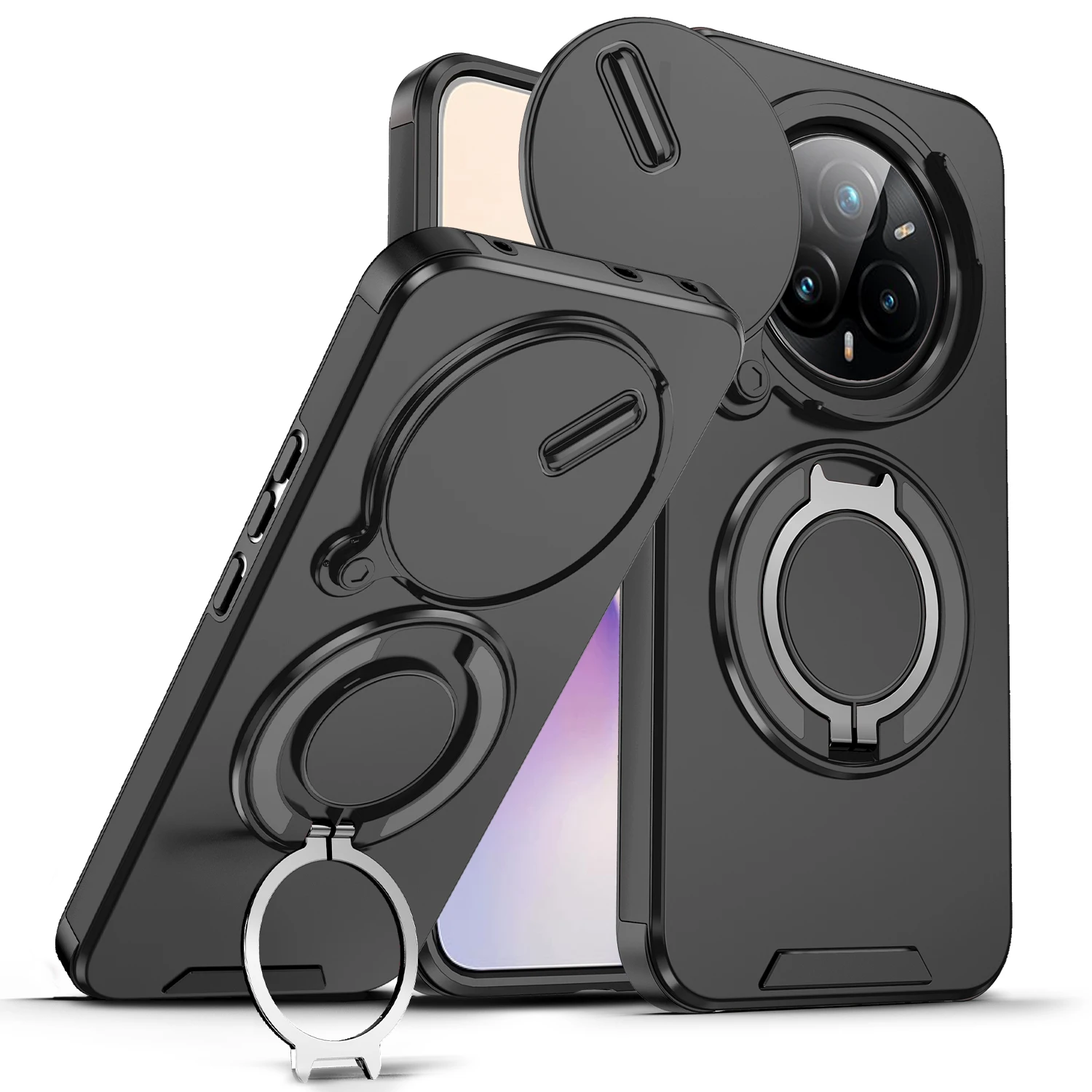 Sliding Camera Lens Protection Armor Phone Case For OPPO Realme 14 pro 5G 360°Rotate Ring Holder Kickstand Shockproof Back Cover