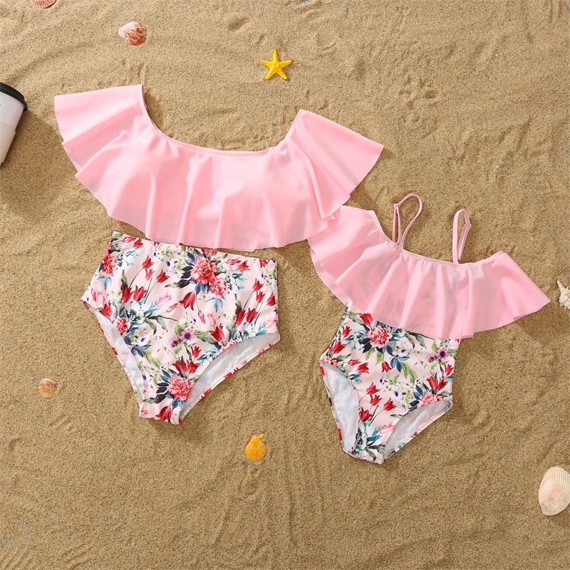 

Ruffled Mother Daughter Matching Swimwear Flower Mommy and Me Bikini Swimsuit Clothes High Waist Mom Mum Baby's Beachwear