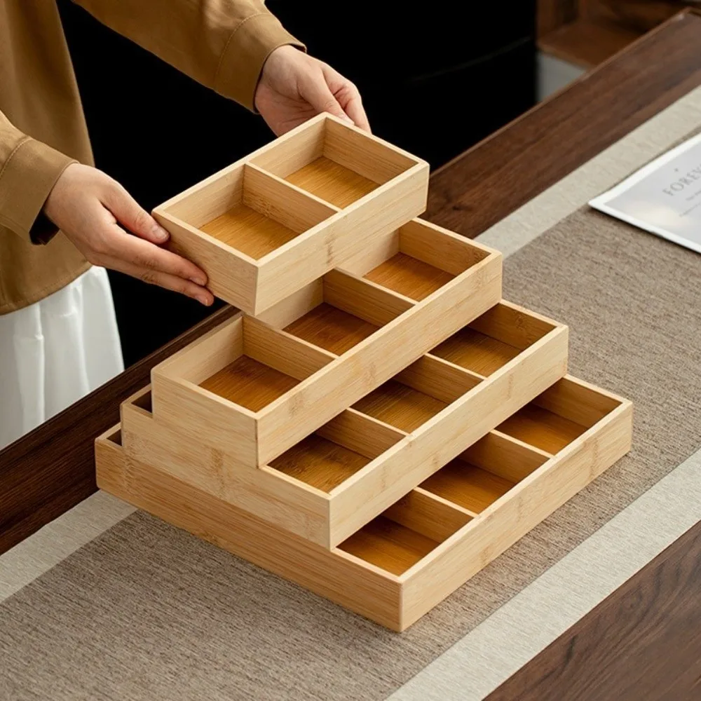 Natural Multi-Grid Bamboo Tray Wooden Snack Storage Tray Combination Serving Plate Fruit