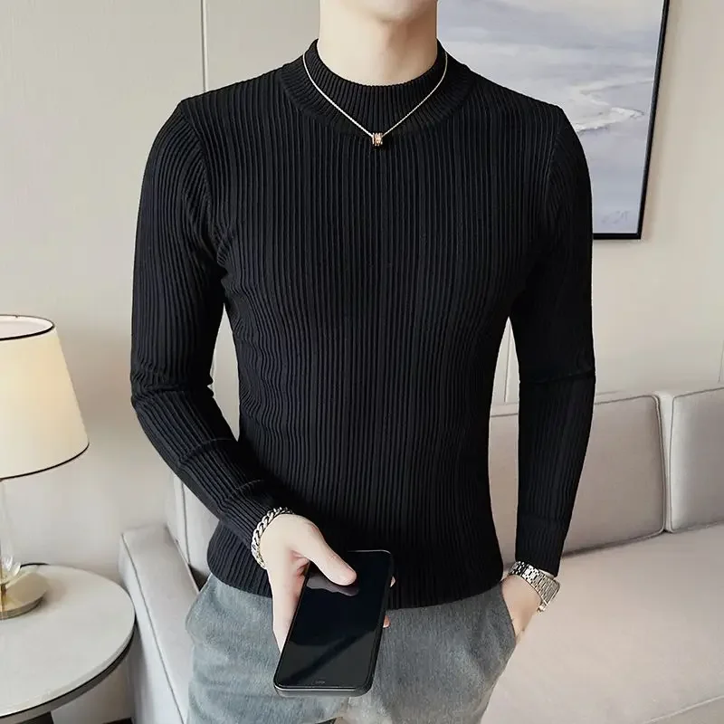 Trend Fashion Autumn Winter New T-shirt Men Mock Neck Simplicity Casual Long Sleeve Slim Pullovers Knittd Bottoming Shirt Tops