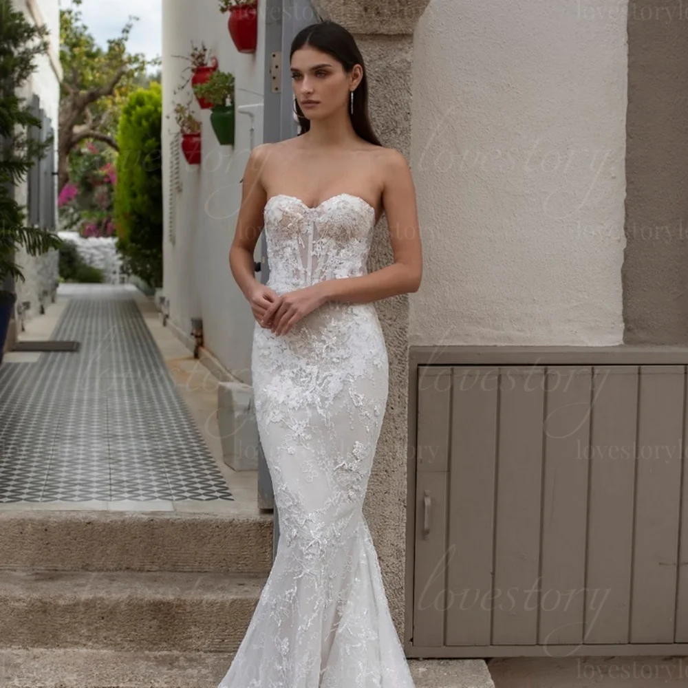 Abiti da sposa di lusso in pizzo Boho personalizzati Abiti da sposa a sirena con scollo a cuore Abiti da sposa Illusion vestido de novia
