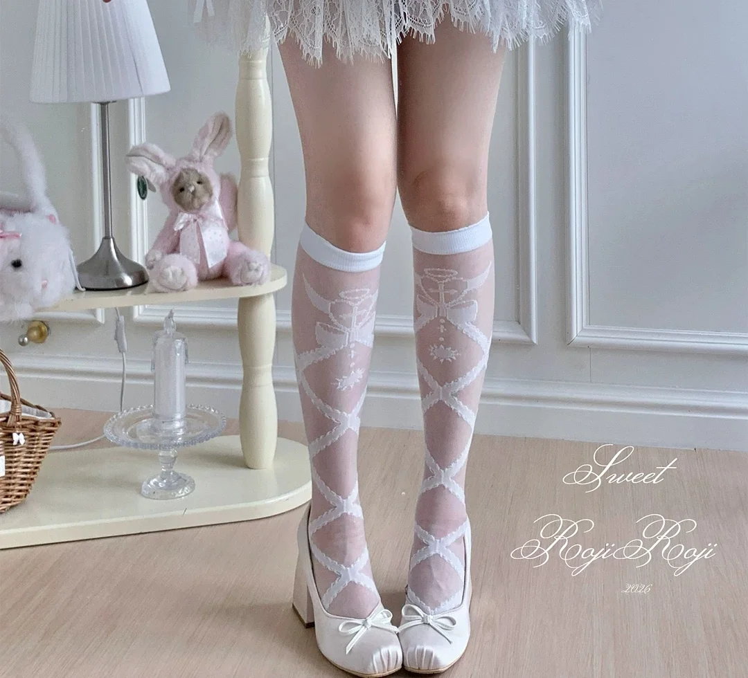 Women's Harajuku Angel Devil Heart Japanese Lolita Lace Socks Summer Mid-Calf Glass Silk Over-the-Knee KC Gothic Socks