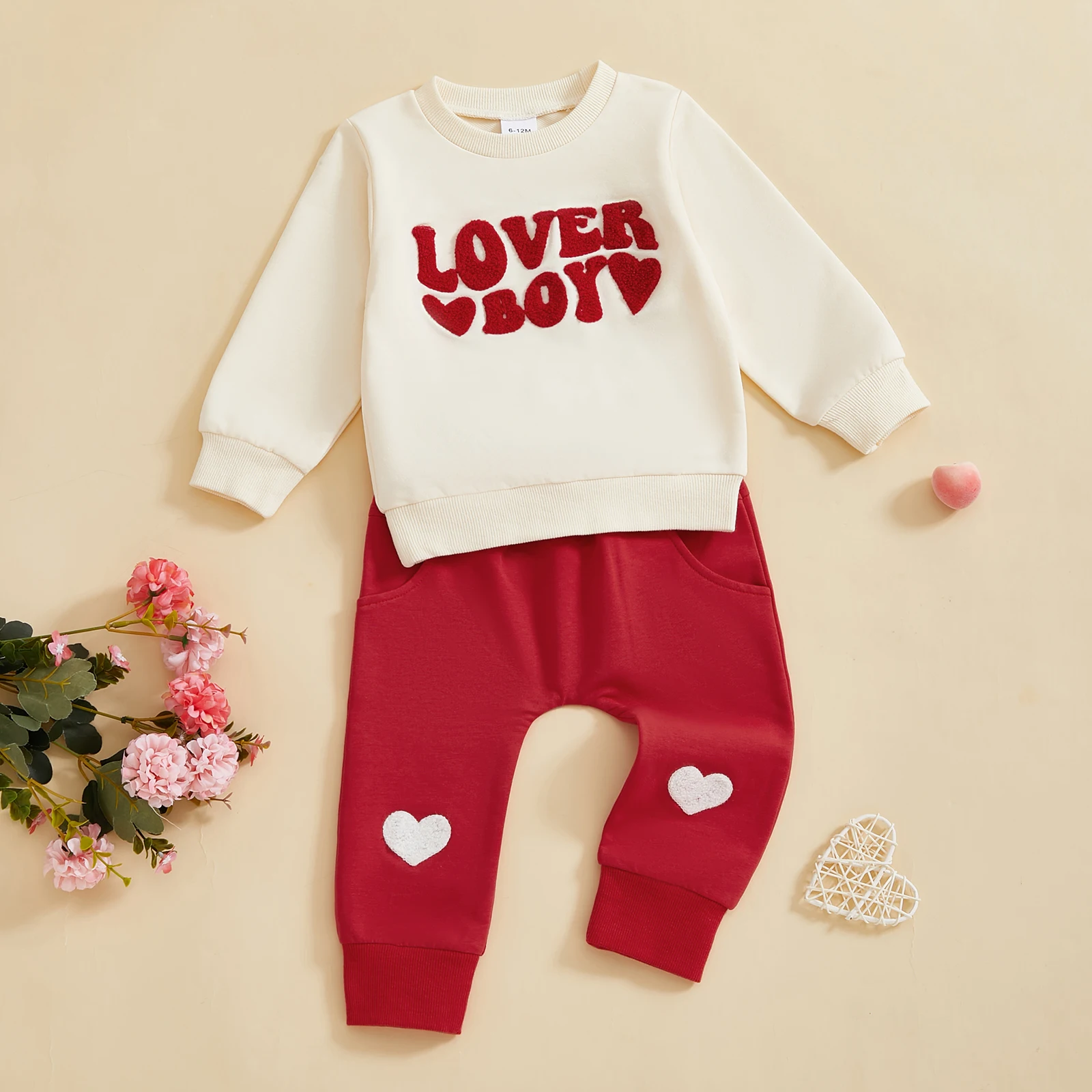 Baby Boy Valentine’s Day Outfits Long Sleeve Sweatshirt Tops Heart Embroidery Pants Set Toddler Boys Clothes Costume