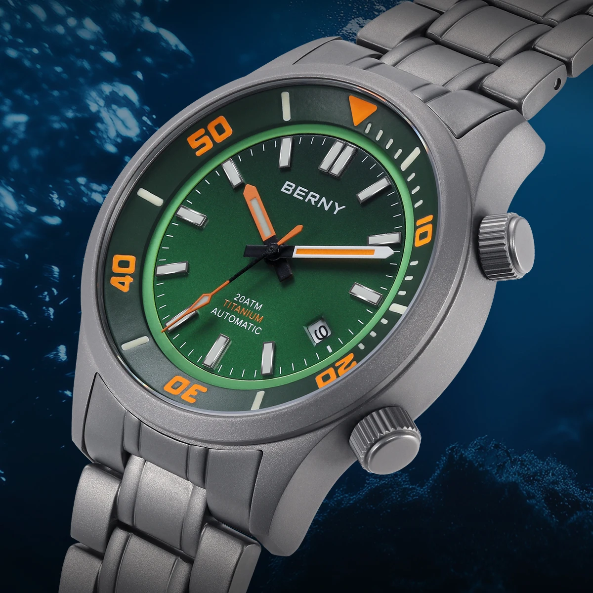 BERNY Men's Automatic Full Titanium Diver Watch Supper Luminous Sappire AR Coated Miyota 8215 Dual Crown Sport 20ATM Dive Watch