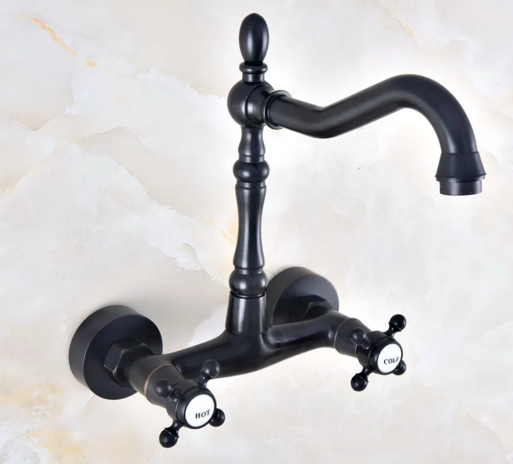 

Dual Handle Duals Hole Wall Mount Basin Faucet Oil Rubbed Bronze Bathroom Vanity Faucets Kitchen Sink Cold Hot Water Taps Dnf452